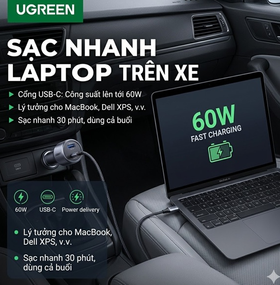 Sạc Nhanh Ô Tô 2 Cổng USB-C & USB-A 60W UGREEN 60980 - PD 30W, Sạc Nhanh, An Toàn Tuyệt Đối